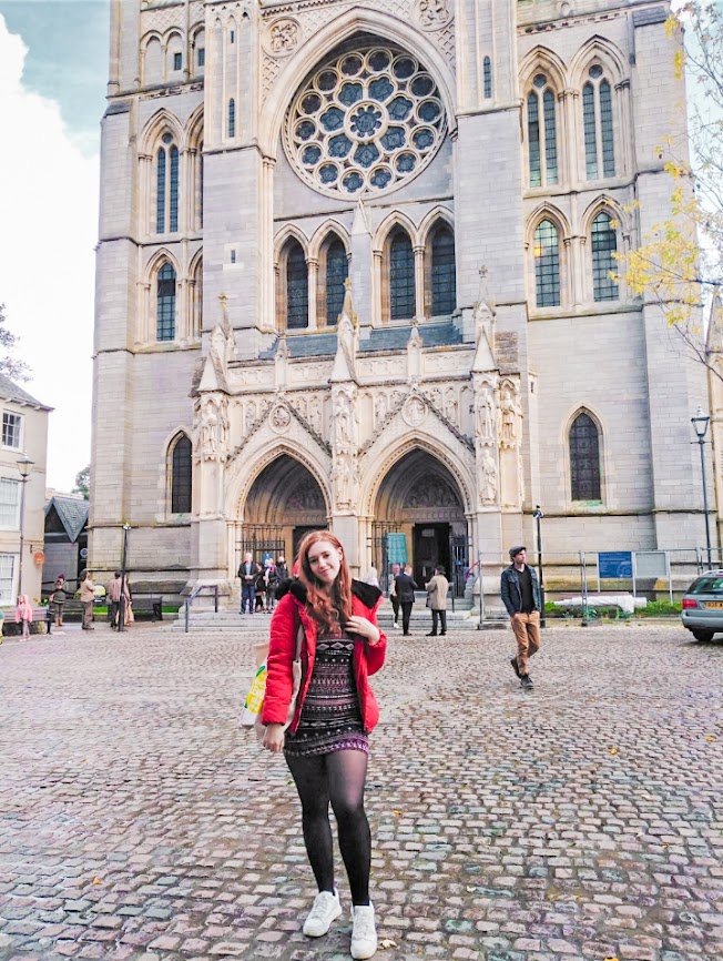 Me standing in front of Truro Cathedral, whilst it towers over me. 